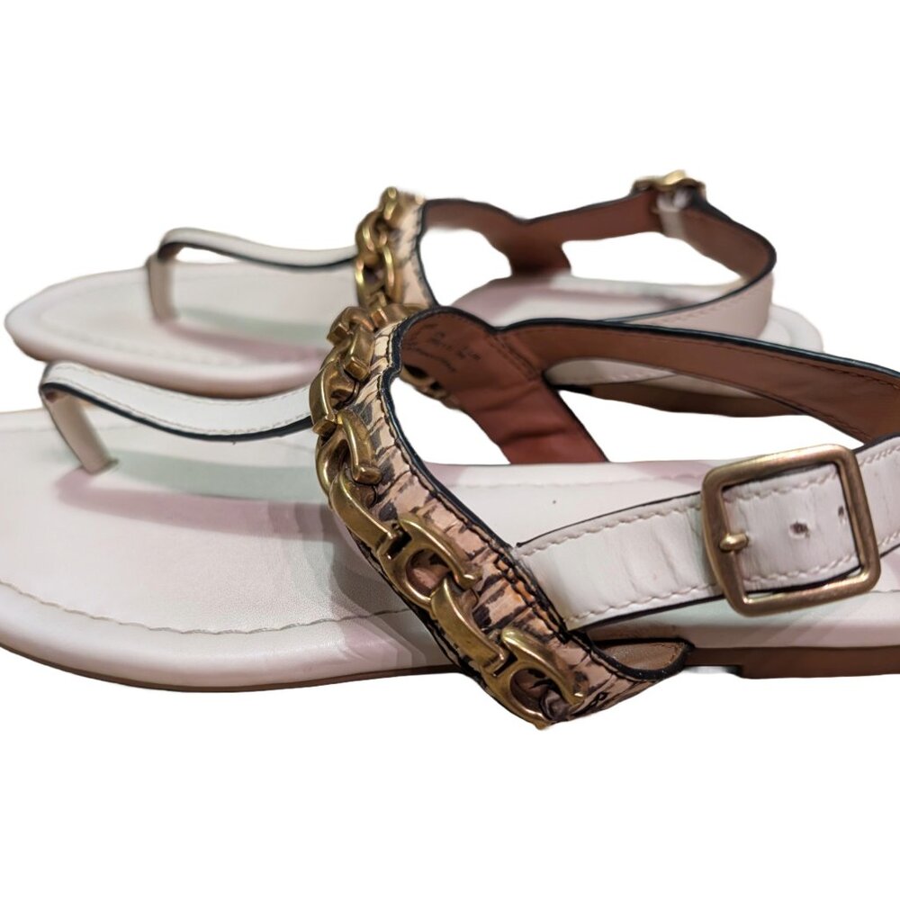 Coach Jenna Sandal Women's 5.5 B 36 EU White Logo Chain Leather T Strap Thong